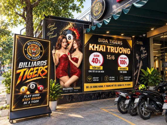 Mặt tiền quán Bida The Tigers với poster khai trương